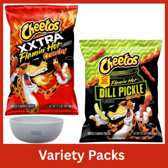 Cheetos Flamin Hot Variety Pack, Crunchy Xxtra Flamin Hot Cheese Snacks & Dill Pickle Flavored Chips, 2.875 oz & 8.5 oz Bags, Snack Bundle with Bowl by OMA