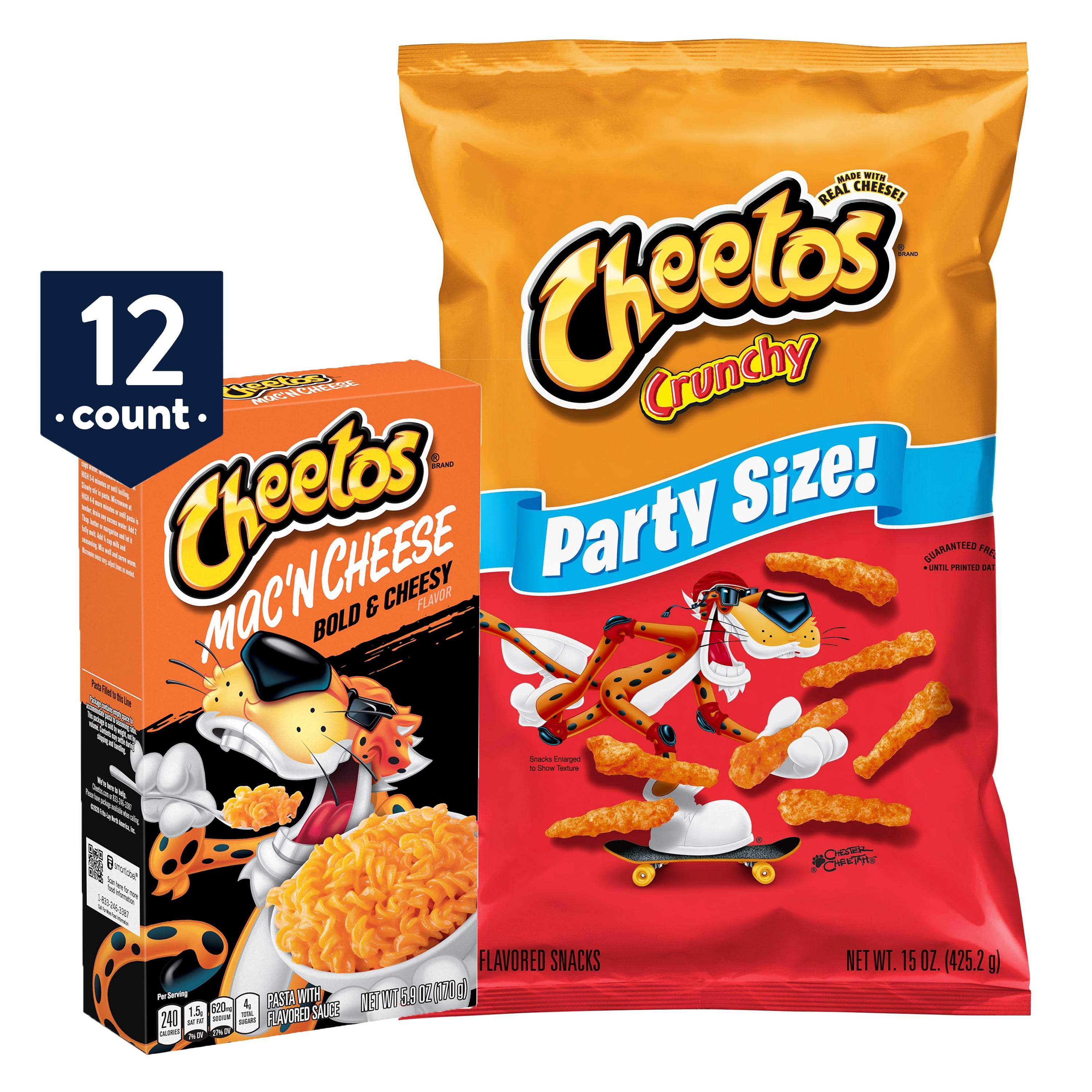 Cheetos Mac 'N Cheese, Bold &amp; Cheesy Flavor, 5.9 oz Boxes, 12 Countand Cheetos Crunchy Cheese Flavored Snacks, Party Size, 15 oz Bag