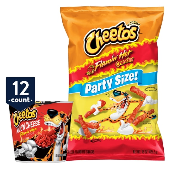 Cheetos Mac 'N Cheese, Flamin' Hot Flavor, 2.11 oz Cups, 12 Count and Cheetos Crunchy Flamin' Hot Cheese Flavored Snacks, Party Size, 15 oz Bag