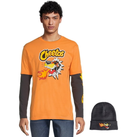 Cheetos Men's and Big Men's Graphic Long Sleeve Graphic T-Shirt and Beanie Hat Gift Set, Sizes S-3XL