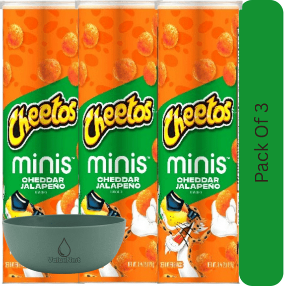 Cheetos Minis Cheddar Jalapeo Crunchy Cheese Snacks, 3.625 oz Canister With Olive Green Bowl By ValueNest