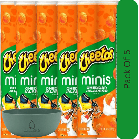 Cheetos Minis Cheese Flavored Snacks Cheddar Jalapeo, 3.625 oz Canister With Olive Green Bowl By ValueNest