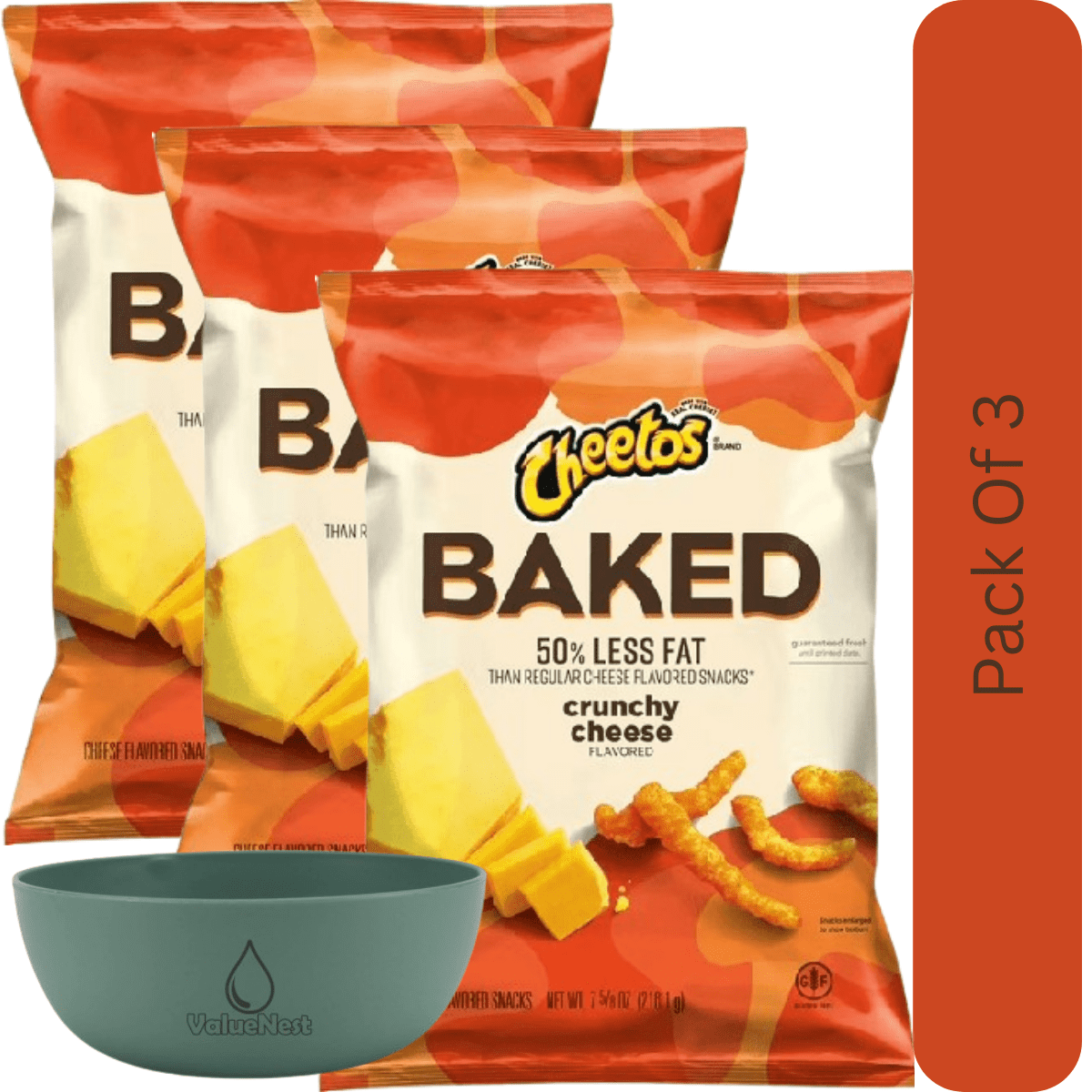 Cheetos Oven Baked Crunchy Cheese Snacks, 7.625 oz Bag With Olive Green Bowl By ValueNest