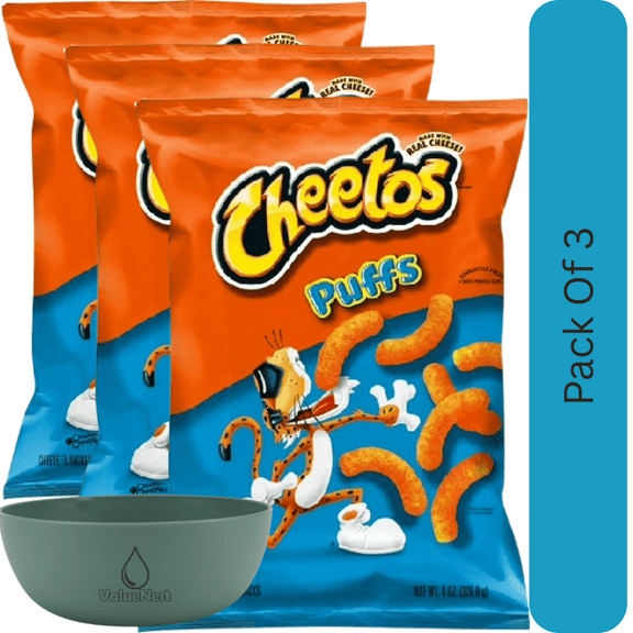 Cheetos Puffs Cheesy Flavored Snack Chips, 8 oz Bag With Olive Green Bowl By ValueNest