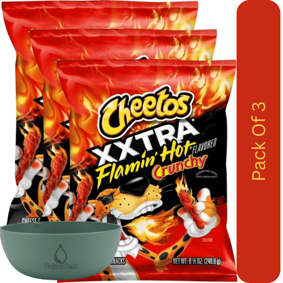 Cheetos XXTRA Flamin Hot Crunchy Cheese Flavored Snacks, 8.5 oz Bag With Olive Green Bowl By ValueNest
