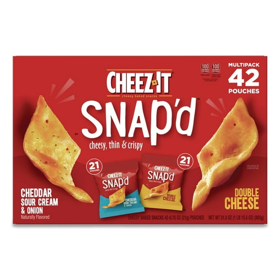 Cheez-It 2410011500 Snap'd 0.75 oz. Bag Crackers Variety Pack - Cheddar Sour Cream and Onion/Double Cheese (42/Carton)