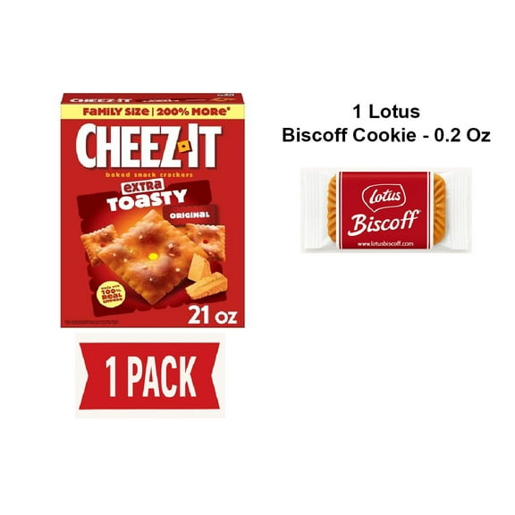 Cheez-It Cheese Crackers, Baked Snack Crackers, Lunch Snacks, Family Size, Extra Toasty, 21Oz Box (1 Box) - Pack Of 1 & Lotus Biscoff Cookie - 0.2 Oz - 1 ct