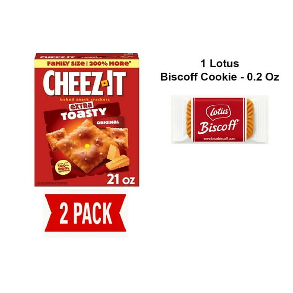 Cheez-It Cheese Crackers, Baked Snack Crackers, Lunch Snacks, Family Size, Extra Toasty, 21Oz Box (1 Box) - Pack Of 2 & Lotus Biscoff Cookie - 0.2 Oz - 1 ct