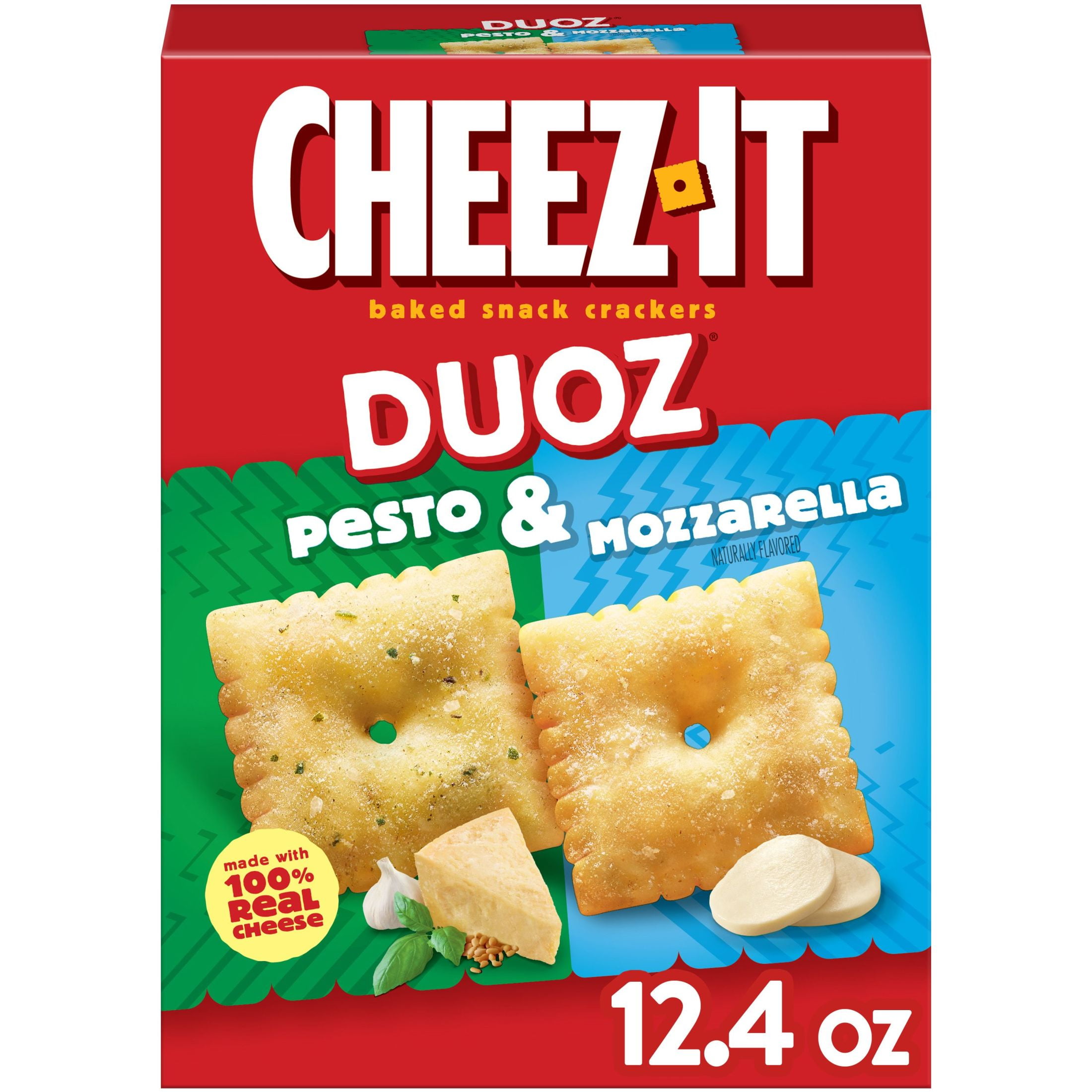 Cheez-It DUOZ Pesto and Mozzarella Baked Snack Crackers, Lunch Snacks, 12.4 oz