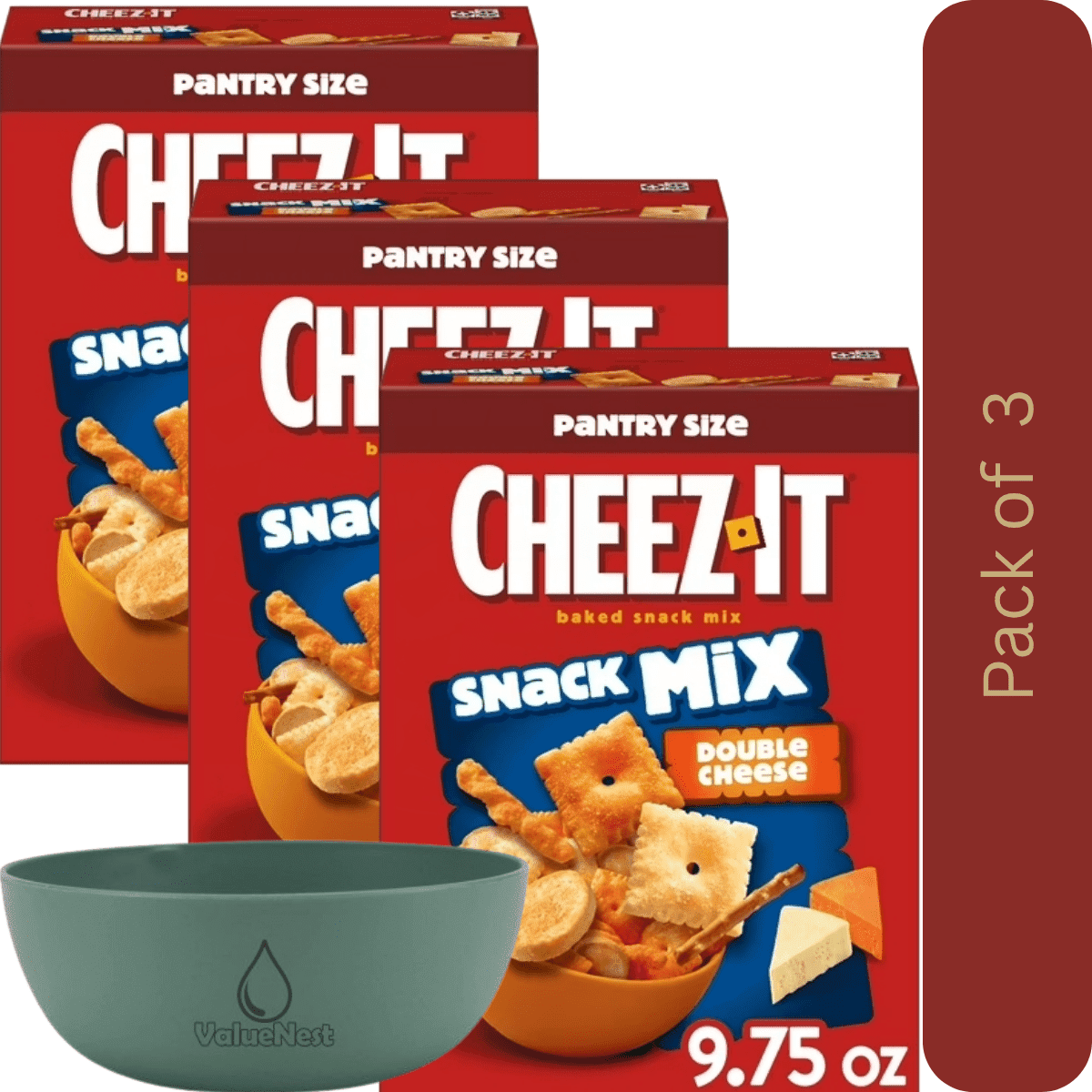 Cheez‑It Double Cheese Snack Mix, 9.75 oz, Pack of 3 with Bowl by Value Nest