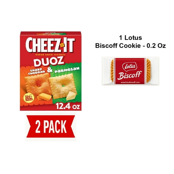 Cheez-It Duoz Baked Snack Crackers, Lunch Snacks, Sharp Cheddar And Parmesan, 12.4Oz Box (1 Box) - Pack Of 2 & Lotus Biscoff Cookie - 0.2 Oz - 1 ct