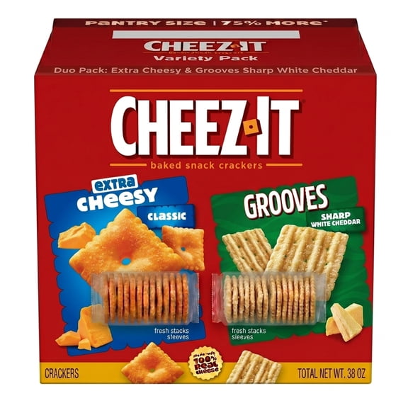 Cheez-It Extra Cheesy Cheese Crackers & Cheez-It Grooves Sharp White Cheddar Crunchy Cheese Crackers Snack Cracker Bundle, Total Net Wt. 38.0 oz
