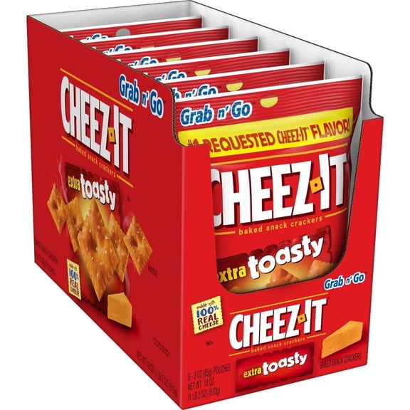 Cheez-It Extra Toasty Baked Snack Crackers Grab n' Go, 6 Count, 3 oz Bags