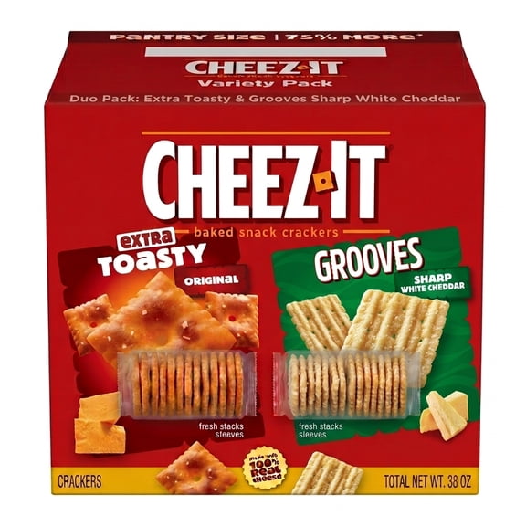 Cheez-It Extra Toasty Cheese Crackers & Cheez-It Grooves Sharp White Cheddar Crunchy Cheese Crackers Snack Cracker Bundle, Total Net Wt. 38.0 oz.