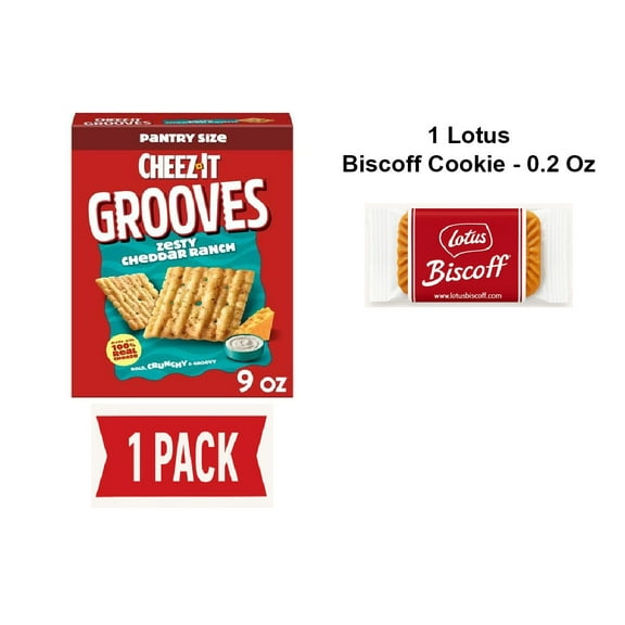 Cheez-It Grooves Cheese Crackers, Crunchy Snack Crackers, Lunch Snacks, Zesty Cheddar Ranch, 9Oz Box (1 Box) - Pack Of 1 & Lotus Biscoff Cookie - 0.2 Oz - 1 ct