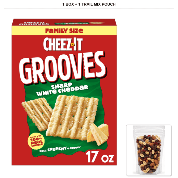 Cheez-It Grooves Cheese Crackers, Sharp White Cheddar, 1 Box, 17 oz with 1 Bybies Trail Mix Pouch, 2 oz
