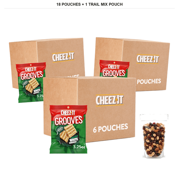 Cheez-It Grooves Cheese Crackers, Sharp White Cheddar, 18 Pouches with 1 Bybies Trail Mix Pouch, 2 oz