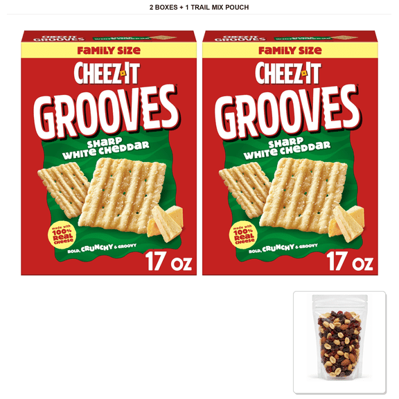 Cheez-It Grooves Cheese Crackers, Sharp White Cheddar, 2 Boxes, 17 oz with 1 Bybies Trail Mix Pouch, 2 oz