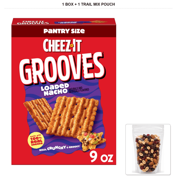 Cheez-It Grooves Crackers, Pantry Size, Loaded Nacho, 1 Box, 9 oz with 1 Bybies Trail Mix Pouch, 2 oz