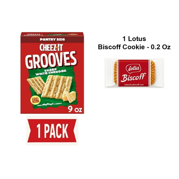 Cheez-It Grooves Crunchy Cheese Crackers, Snack Crackers, Lunch Snacks, Sharp White Cheddar, 9Oz Box (1 Box) - Pack Of 1 & Lotus Biscoff Cookie - 0.2 Oz - 1 ct