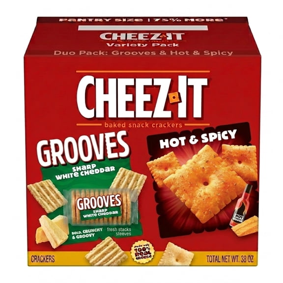 Cheez-It Grooves Sharp White Cheddar Crunchy Cheese Crackers & Cheez-It Hot and Spicy Baked Snack Cracker Bundle, Total Net Wt. 38.0 oz