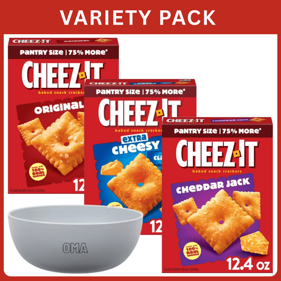Cheez-It Original, Extra Cheesy & Cheddar Jack Cheese Crackers 12.4 oz Each, Variety Pack with Bowl by OMA.
