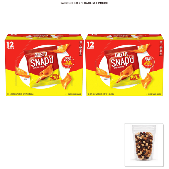 Cheez-It Snapd Cheese Cracker Chips, Crisps, Double Cheese, 9 oz Box, 24 Pouches with 1 Bybies Trail Mix Pouch, 2 oz