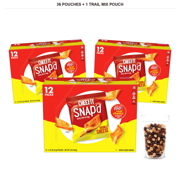 Cheez-It Snapd Cheese Cracker Chips, Crisps, Double Cheese, 9 oz Box, 36 Pouches with 1 Bybies Trail Mix Pouch, 2 oz