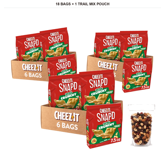 Cheez-It Snapd Cheese Cracker Chips, Crisps, Extra, Sharp White Cheddar, 18 Bags with 1 Bybies Trail Mix Pouch, 2 oz