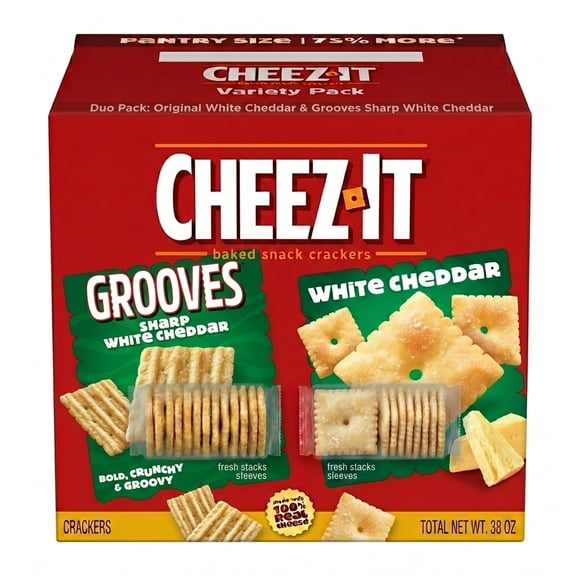 Cheez-It White Cheddar Cheese Crackers & Cheez-It Grooves Sharp White Cheddar Crunchy Snack Cracker Bundle, Total Net Wt. 38 oz