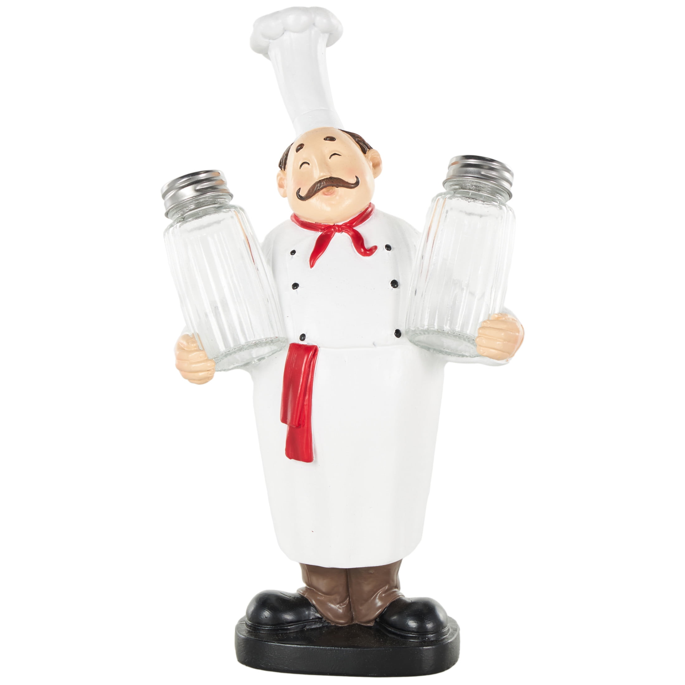 Chef 11.0" Polystone Kitchen Decorative Figurine Salt and Pepper Shaker Holder with Red Accents, by DecMode