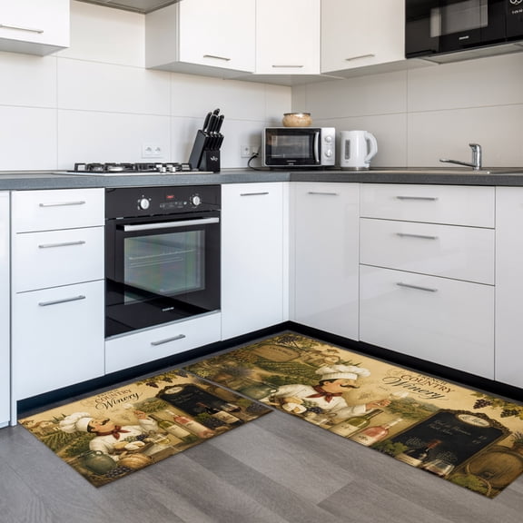 Chef 2 Pieces Non-Slip Kitchen Mat Set, Wine Bottles Grapes Cheese Rustic Farmhouse Soft Door Mat with Rubber Backing, Dirtproof Rugs for Entrance Doorway, 15.7 x 47.2in