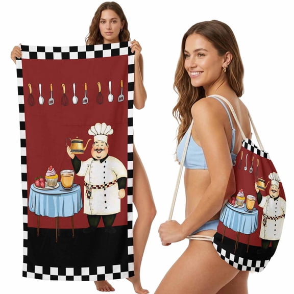 Chef 2-in-1 Beach Towel Backpack,Quick Dry Beach Towel Blanket Bag,Cartoon Red Food Cooking Black White Buffalo Check Portable Bath Pool Yoga Swim Picnic Travel Camping Towels 27.6x55 Inches