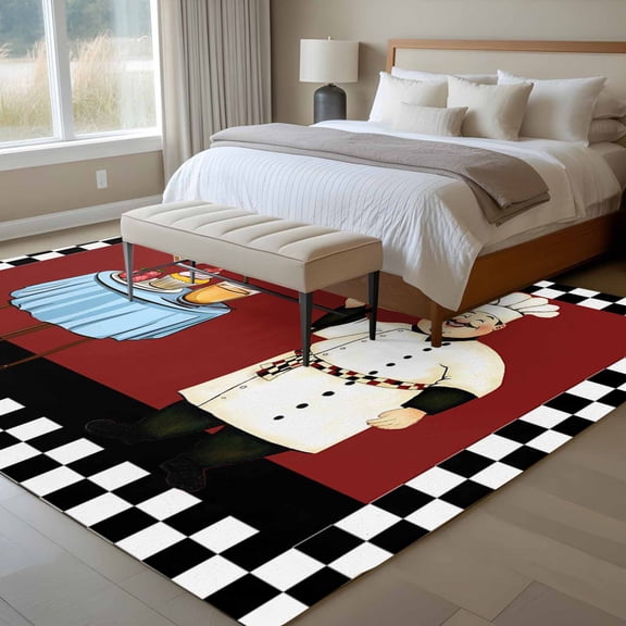 Chef 6x9 Rug for Dining Room Table and Chair Setup, Red Kitchen Dessert Food Black White Plaid Low Pile Washable Non Slip Rectangle Area Rug