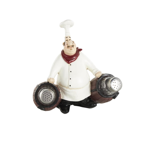 Chef 8.0" Polystone Figurine Salt and Pepper Shaker Holder with Wood Barrel Accents, by DecMode