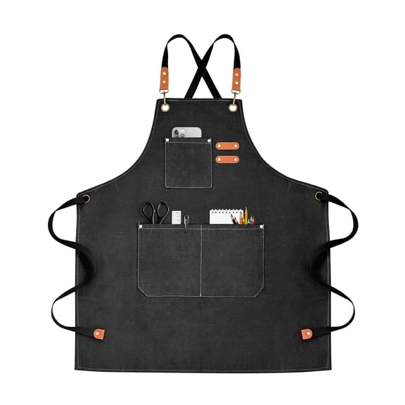 Chef Apron For Men Women Canvas Aprons With 3 Pockets Cross Back Resistant Work Apron For Cooking Grilling Baking BBQ Barber Kitchen (Black)