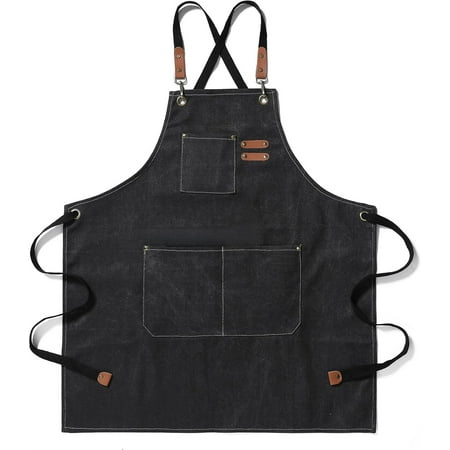 Chef Apron Medium-Thick Cotton Canvas,Cross Back with Multiple Pockets Adjustable Work Apron for Men and Women (Black)