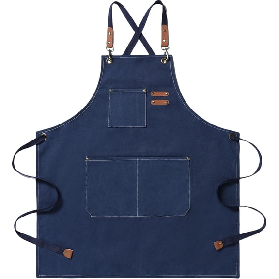 Chef Apron Medium-Thick Cotton Canvas,Cross Back with Multiple Pockets Adjustable Work Apron for Men and Women (Darkblue)