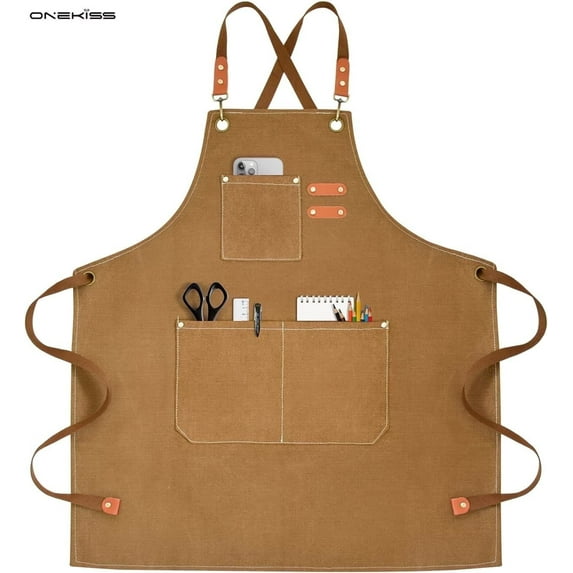ONEKISS Apron for Men Women Canvas Aprons with 3 Pockets Cross Back Resistant Work Apron for Cooking