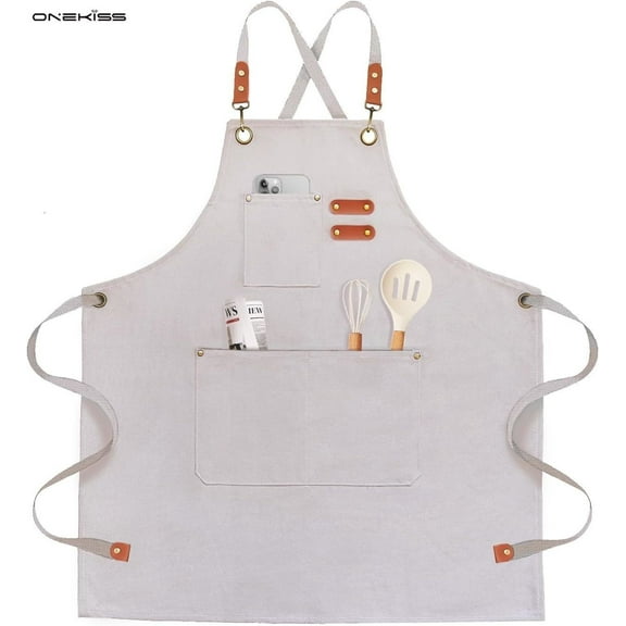 ONEKISS Apron for Men Women Canvas Aprons with 3 Pockets Cross Back Resistant Work Apron for Cooking