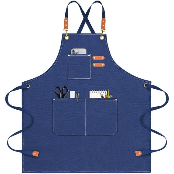 Chef Apron for Men Women Canvas Aprons with 3 Pockets Cross Back Resistant Work Apron for Cooking