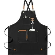 Chef Apron for Men and Women with Large Pockets ,  Canvas Cross Back Cotton Work Aprons,Size M to XXL, Black