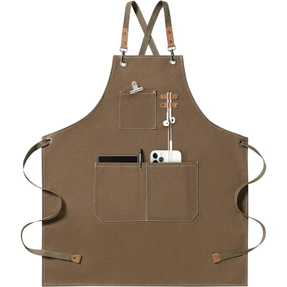 Chef Apron for Men and Women with Large Pockets, Canvas Cross Back Cotton Work Aprons,Size M to XXL, Brown