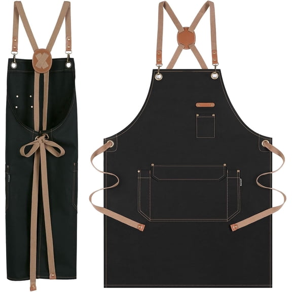 Chef Apron with Cross Back Straps for Men Women, Cotton Canvas Apron for Artists Painting, Kitchen Cooking
