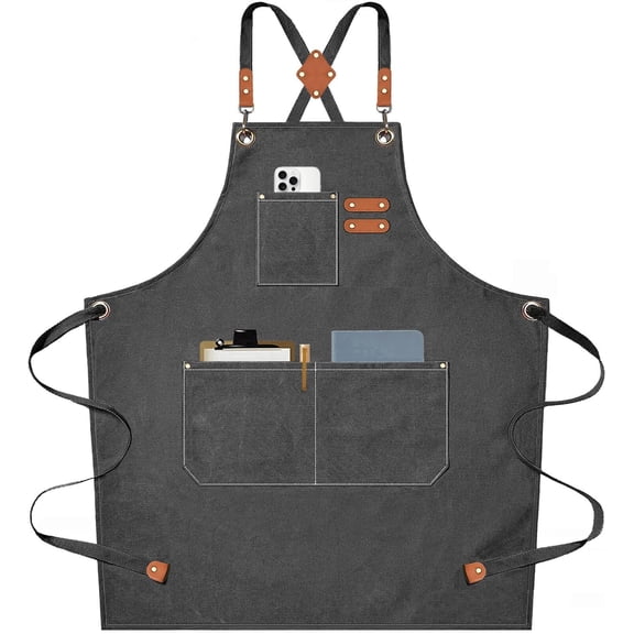 Chef Aprons For Men Women With Large Pockets, Cotton Canvas Cross Back Heavy Duty Adjustable Work Apron, Size M To XXL (Black)