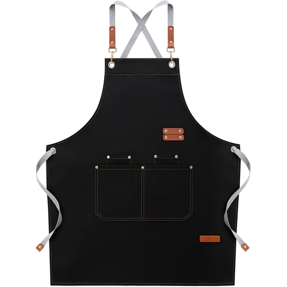 Chef Aprons for Men Women with Large Pockets, Cotton Canvas Cross Back Adjustable Cooking Kitchen Work Waterproof Bib Apron Black