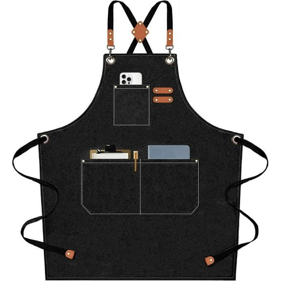 Chef Aprons for Men Women with Large Pockets, Cotton Canvas Cross Back Heavy Duty Adjustable Work Apron, Size M to XXL(Grey)