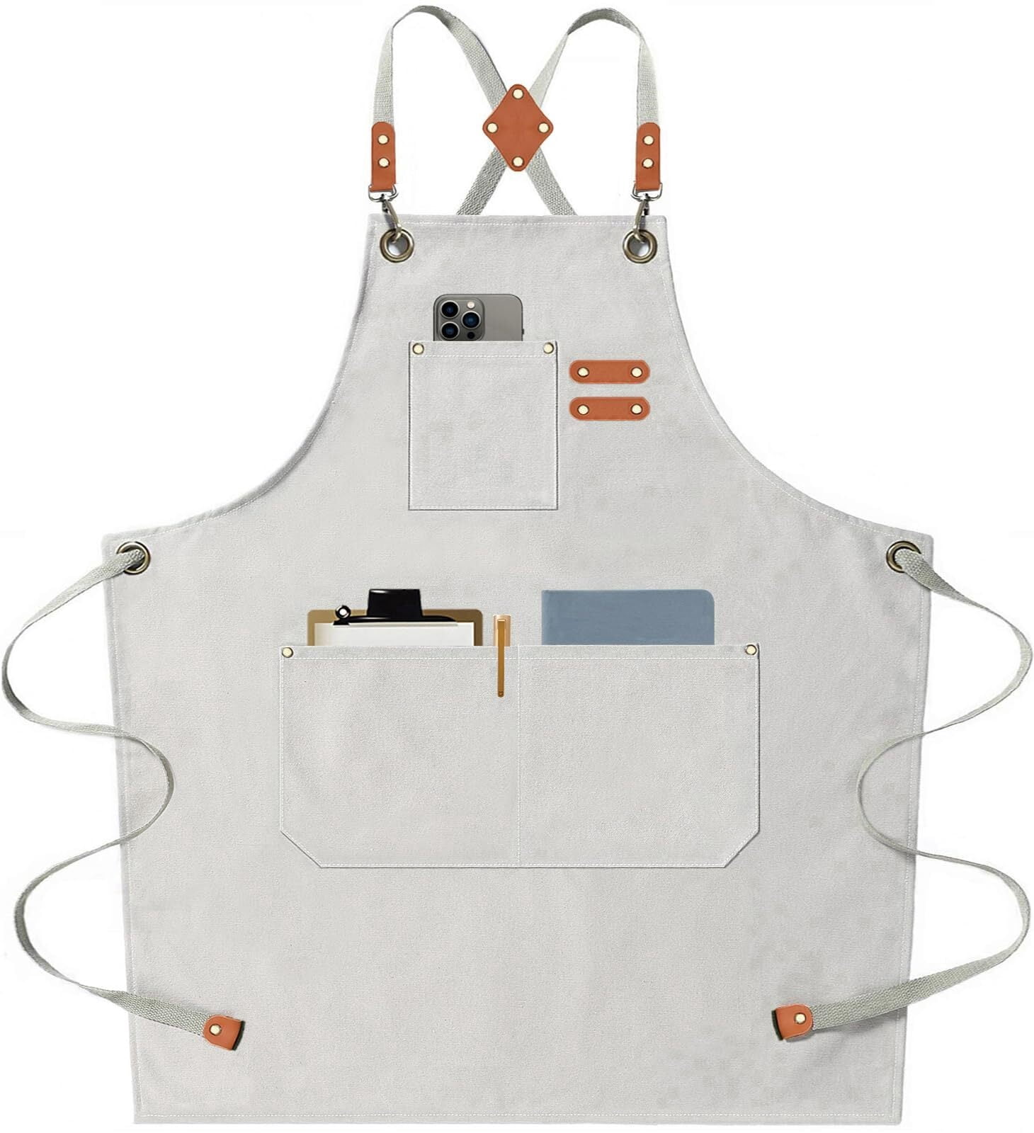 Chef Aprons for Men Women with Large Pockets, Cotton Canvas Cross Back Heavy Duty Adjustable Work Apron, Size M to XXL(Grey)
