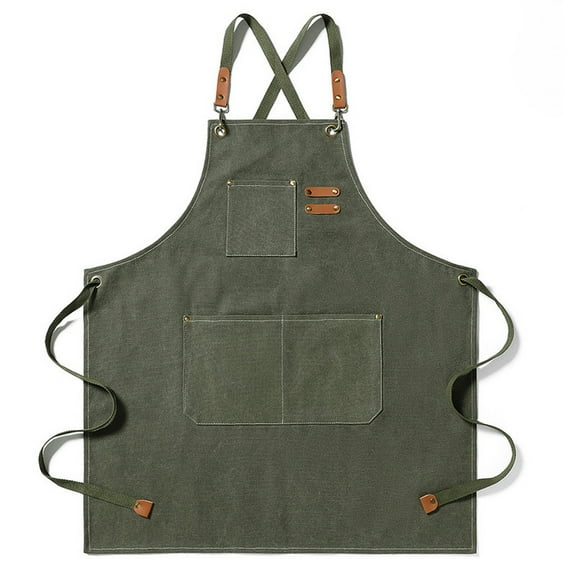 Chef Aprons for Men Women with Large Pockets, Cotton Canvas Cross Back Heavy Duty Adjustable Work Apron, Size M to XXL (Greygreen)