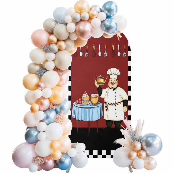 Chef Arch Backdrop Cover, Spandex Fitted Wedding Arch Cover, Cartoon Red Food Cooking Black White Buffalo Check Round Top Stand Covers for Birthday Ceremony Bridal Shower Party Decor 4x1.65 Ft